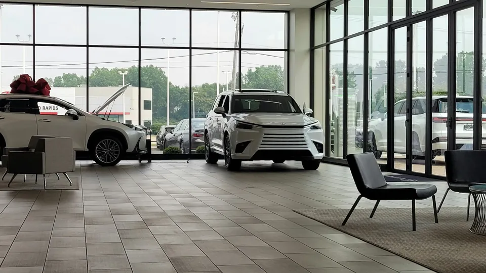 Vehicles displayed in an automotive showroom